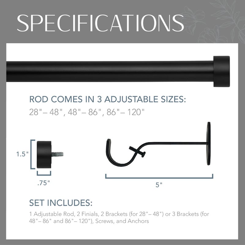 Elrene Home Fashions Serena Single Curtain Rod for Curtains and Drapery with Contemporary Cap Finials, 1-Inch Diameter, 86" - 120" Adjustable Rod, Antique Black - Image 4